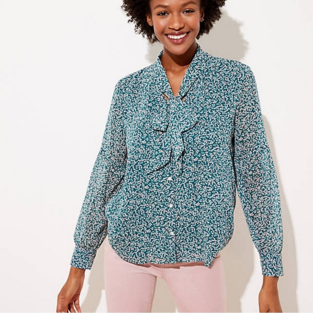 Loft Green Pink Floral Button Down Long Sleeve Tie Neck Blouse - Large